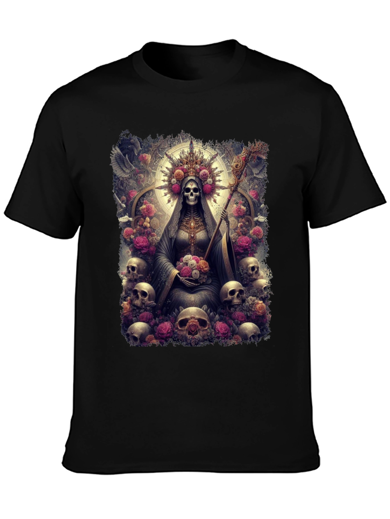 Santa Muerte Graphic Tee - Skull & Roses Design