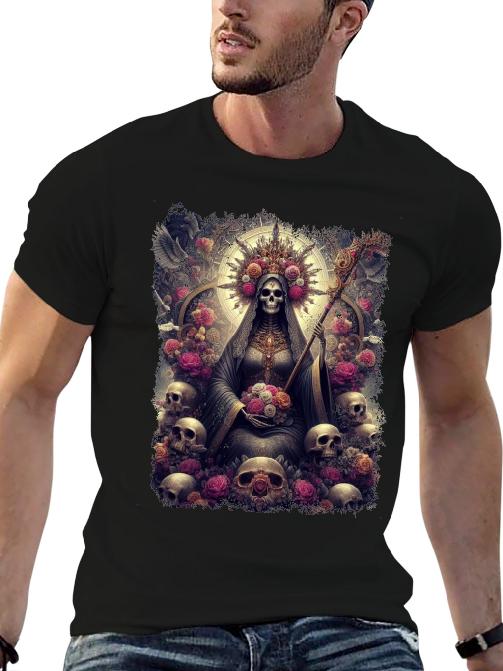 Santa Muerte Graphic Tee - Skull & Roses Design
