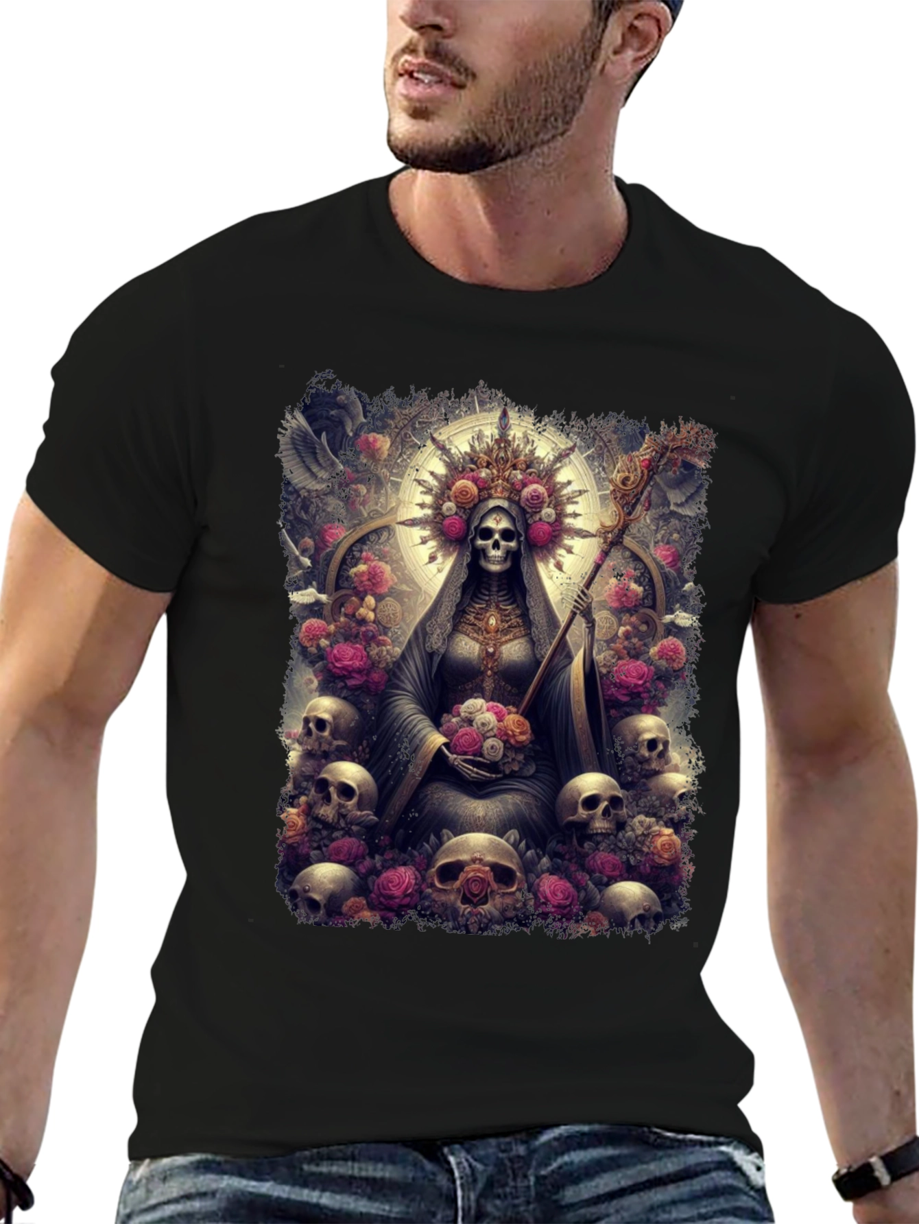 Santa Muerte Graphic Tee - Skull & Roses Design