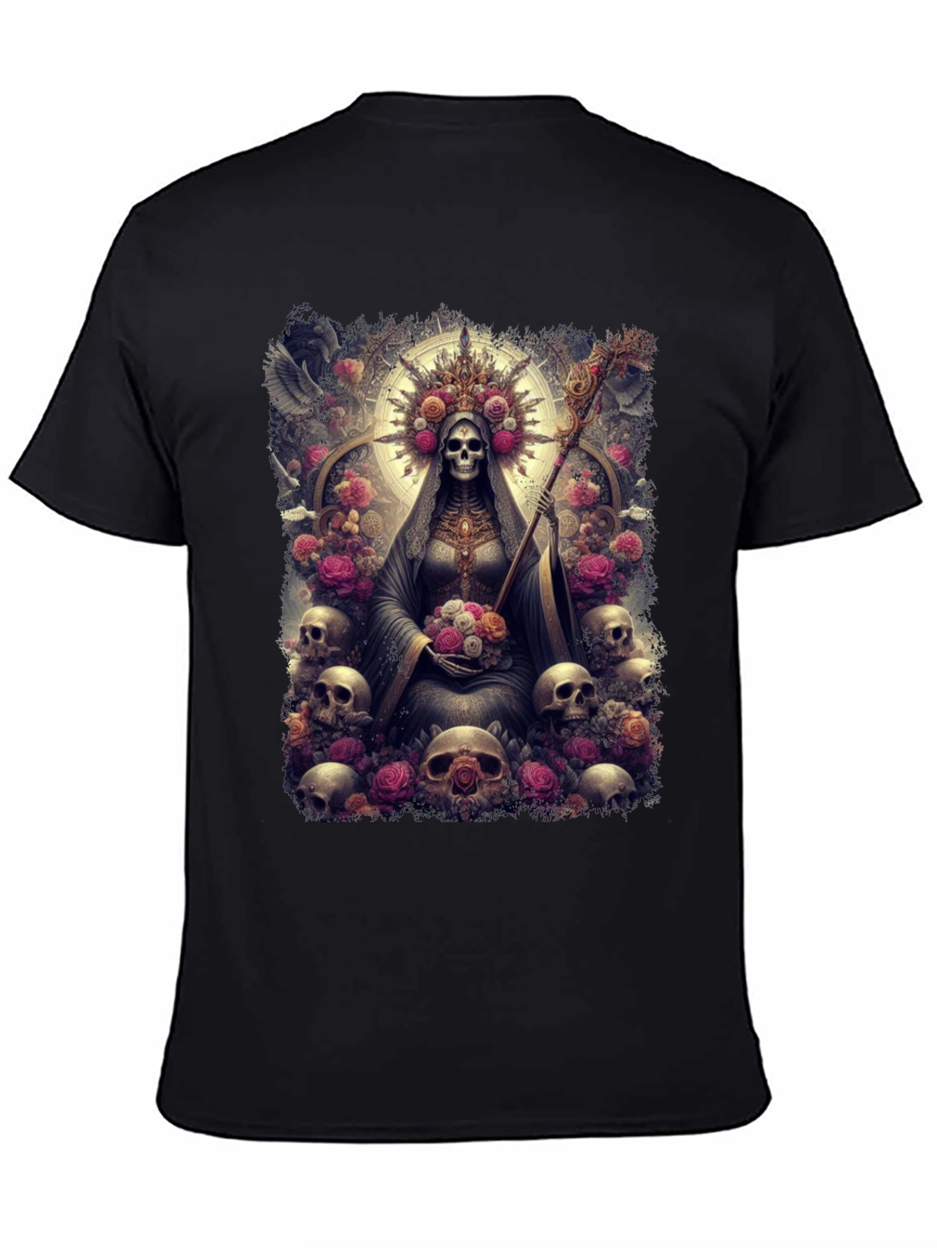 Santa Muerte Graphic Tee - Skull & Roses Design
