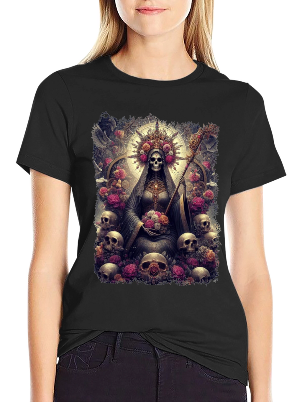 Santa Muerte Graphic Tee - Skull & Roses Design