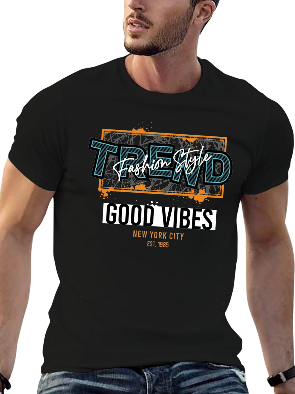 Trendy Black T-Shirt - Good Vibes Graphic