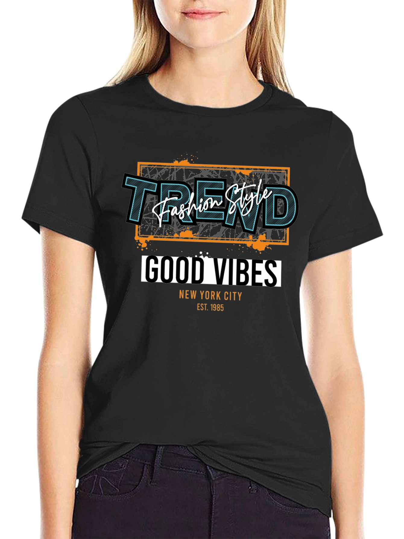 Trendy Black T-Shirt - Good Vibes Graphic