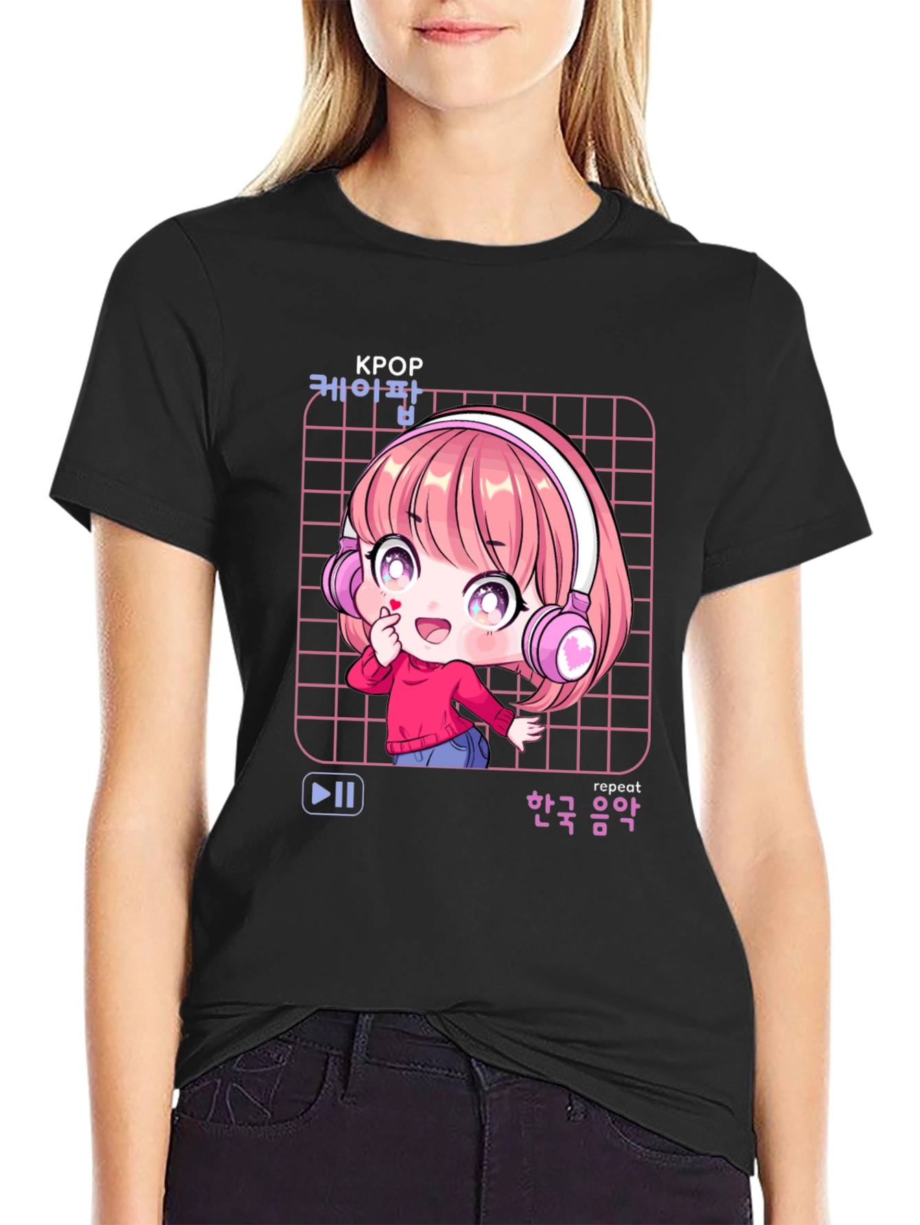 K-Pop Anime Girl Black T-Shirt