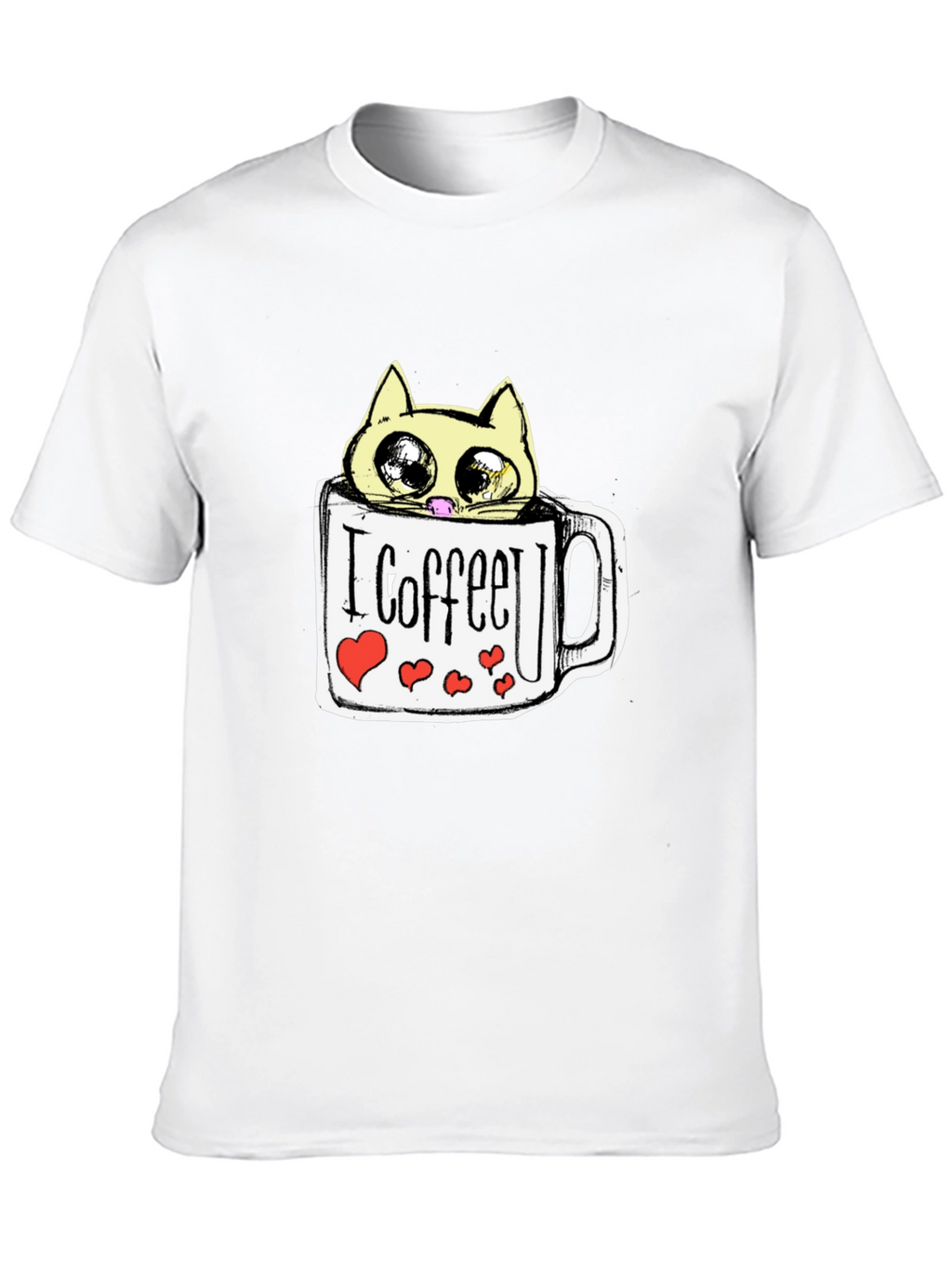 Cute Cat in Coffee Mug Graphic Tee - Black