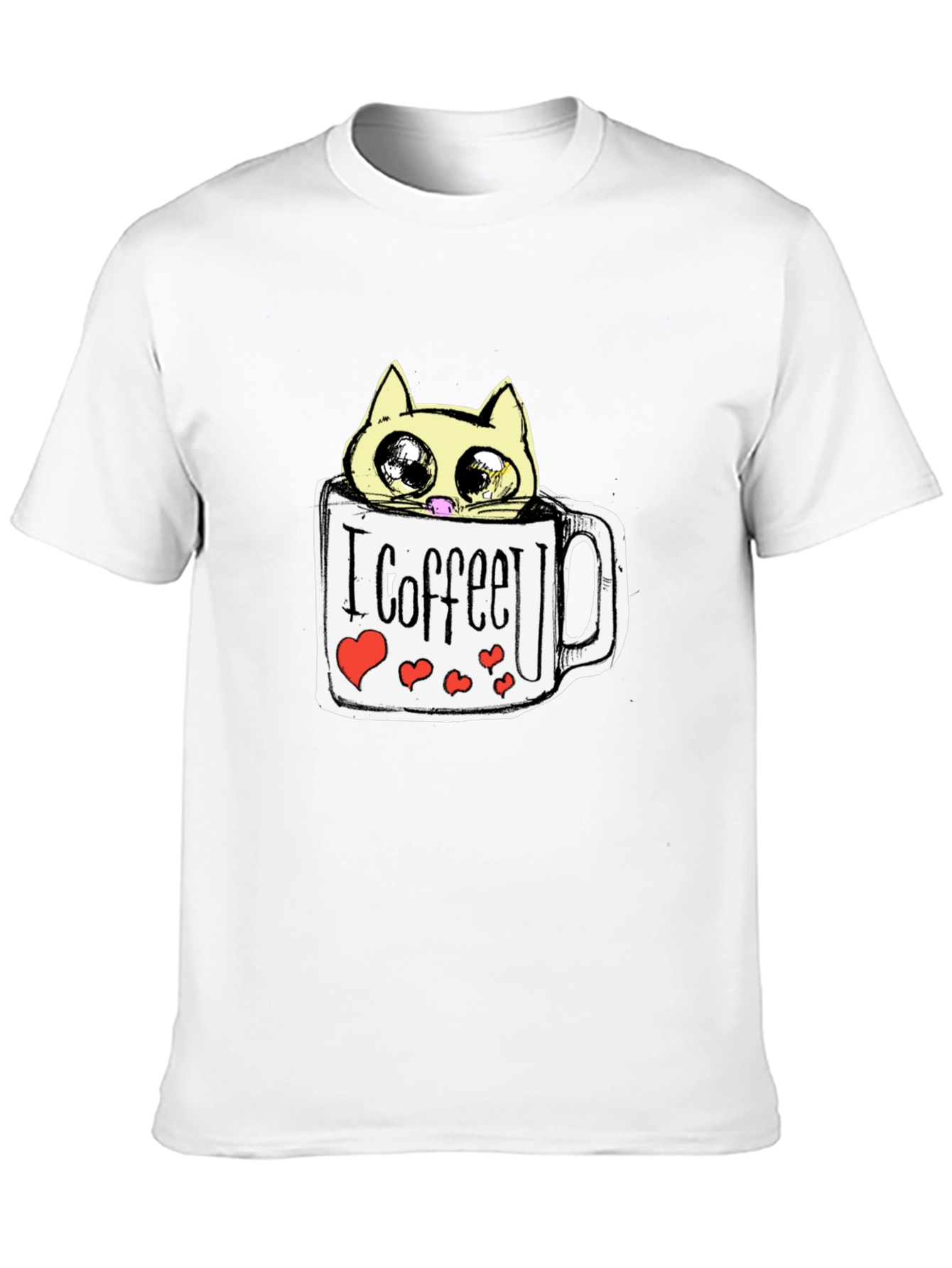 Cute Cat in Coffee Mug Graphic Tee - Black
