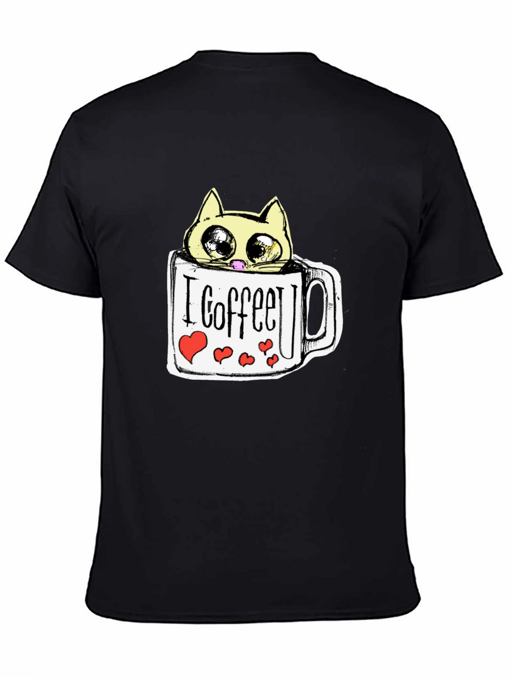 Cute Cat in Coffee Mug Graphic Tee - Black
