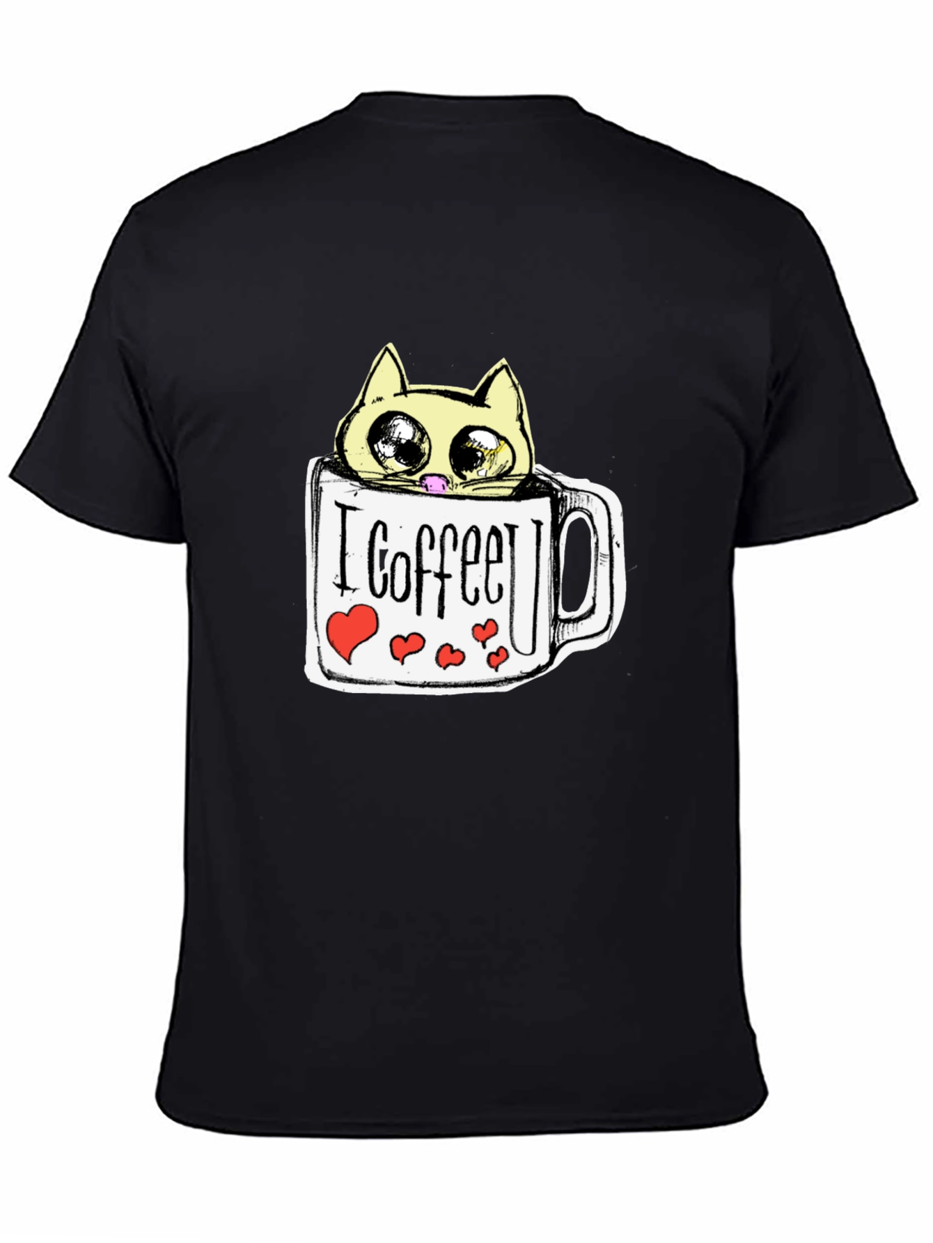 Cute Cat in Coffee Mug Graphic Tee - Black