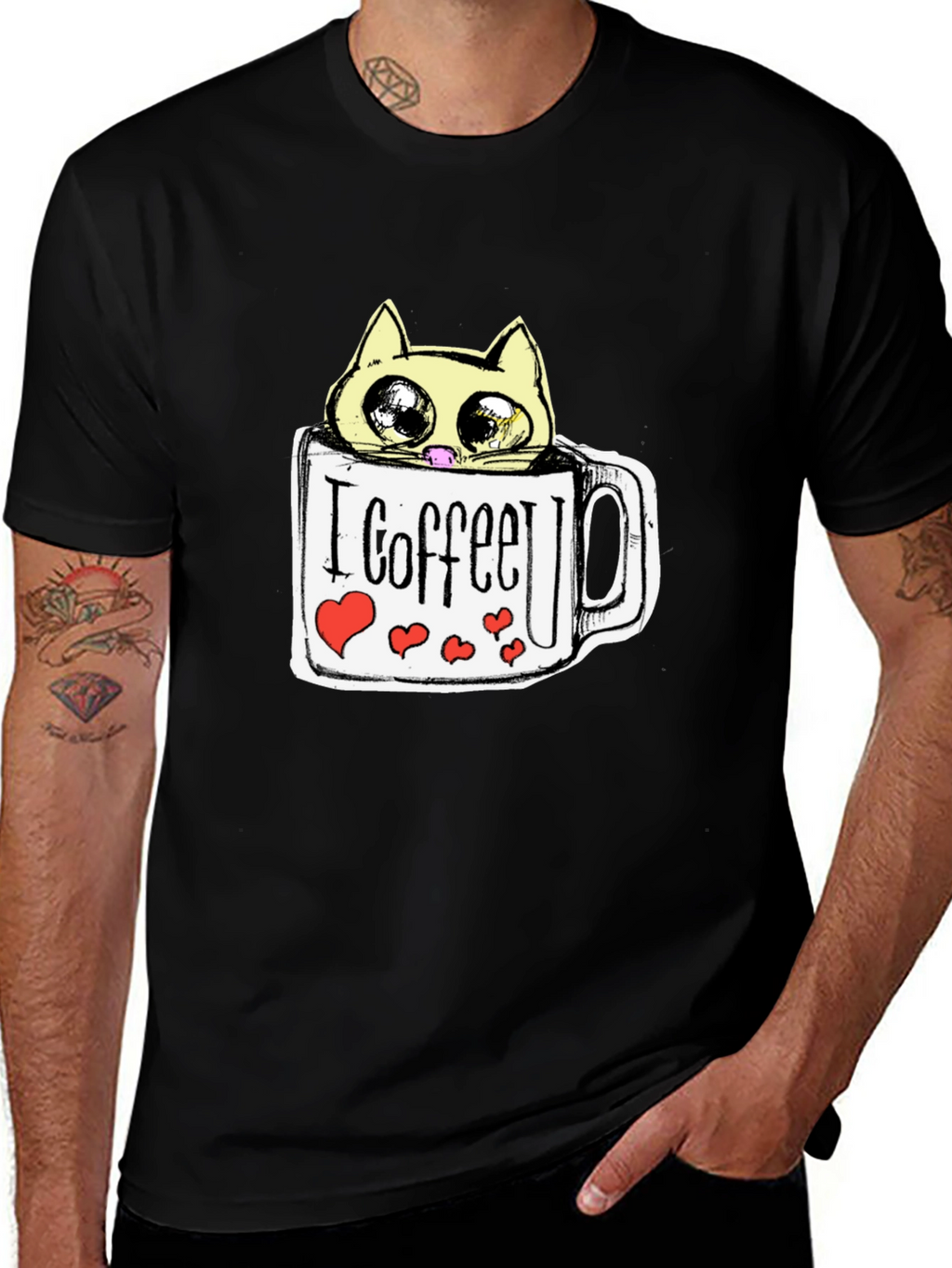 Cute Cat in Coffee Mug Graphic Tee - Black