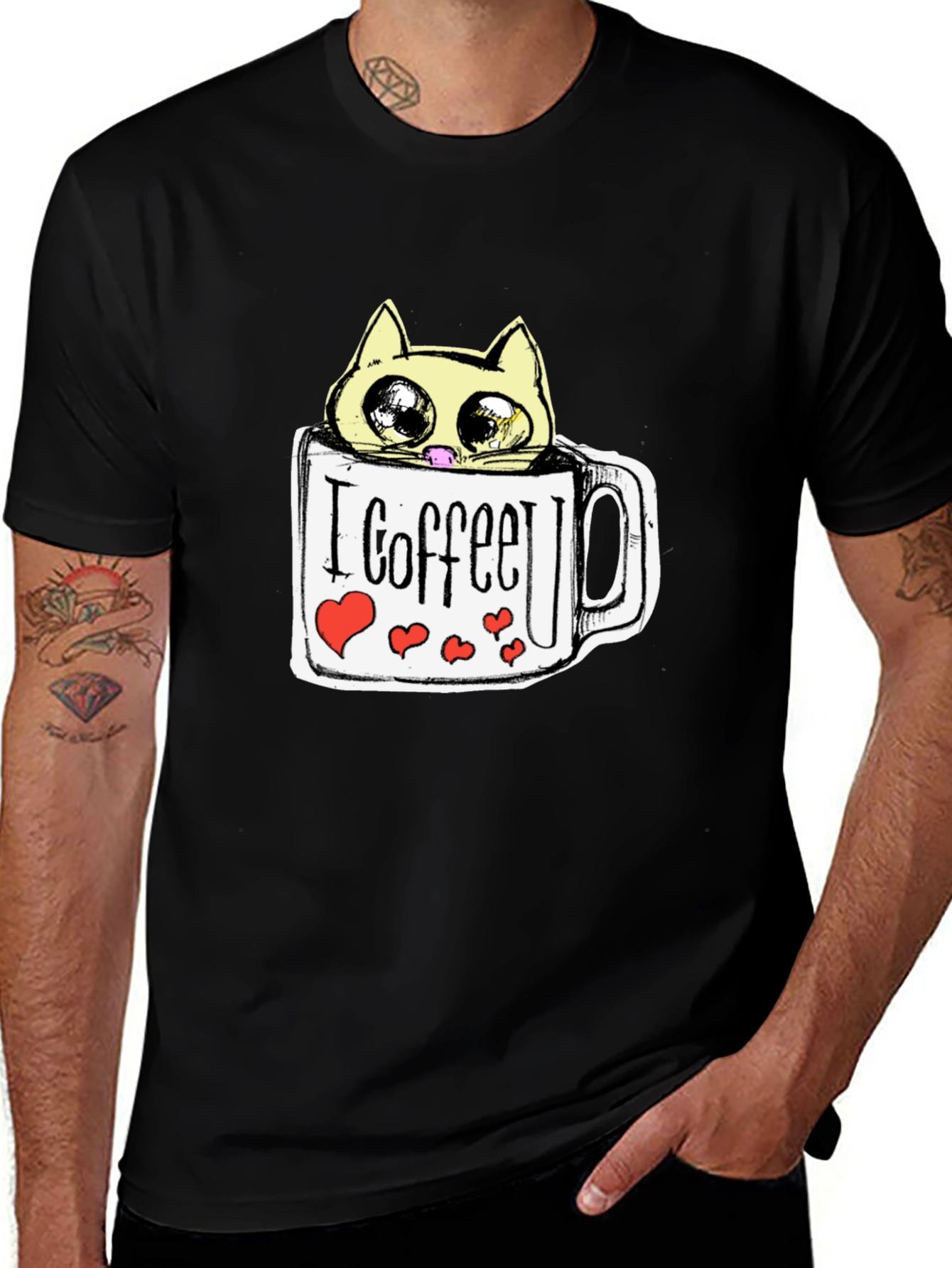 Cute Cat in Coffee Mug Graphic Tee - Black