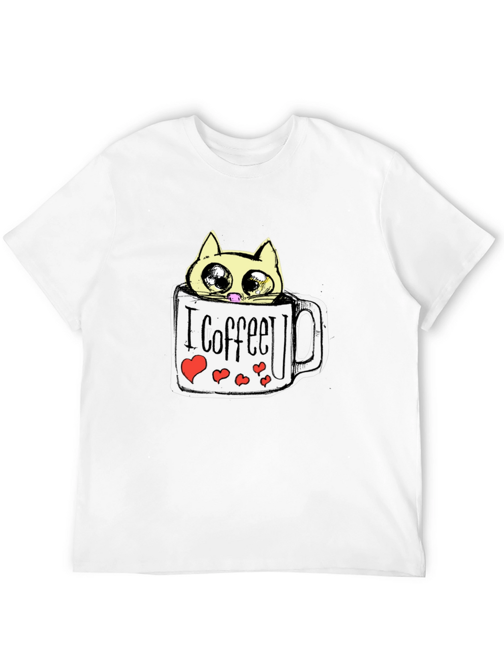 Cute Cat in Coffee Mug Graphic Tee - Black