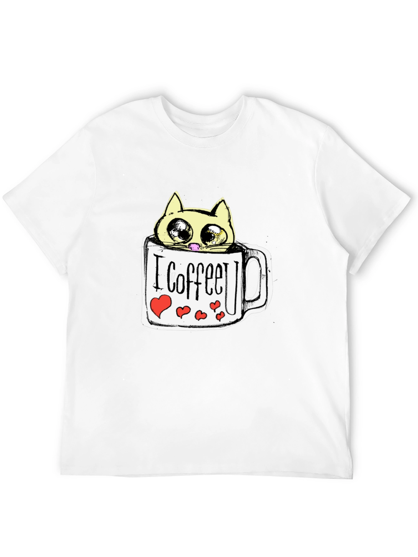 Cute Cat in Coffee Mug Graphic Tee - Black