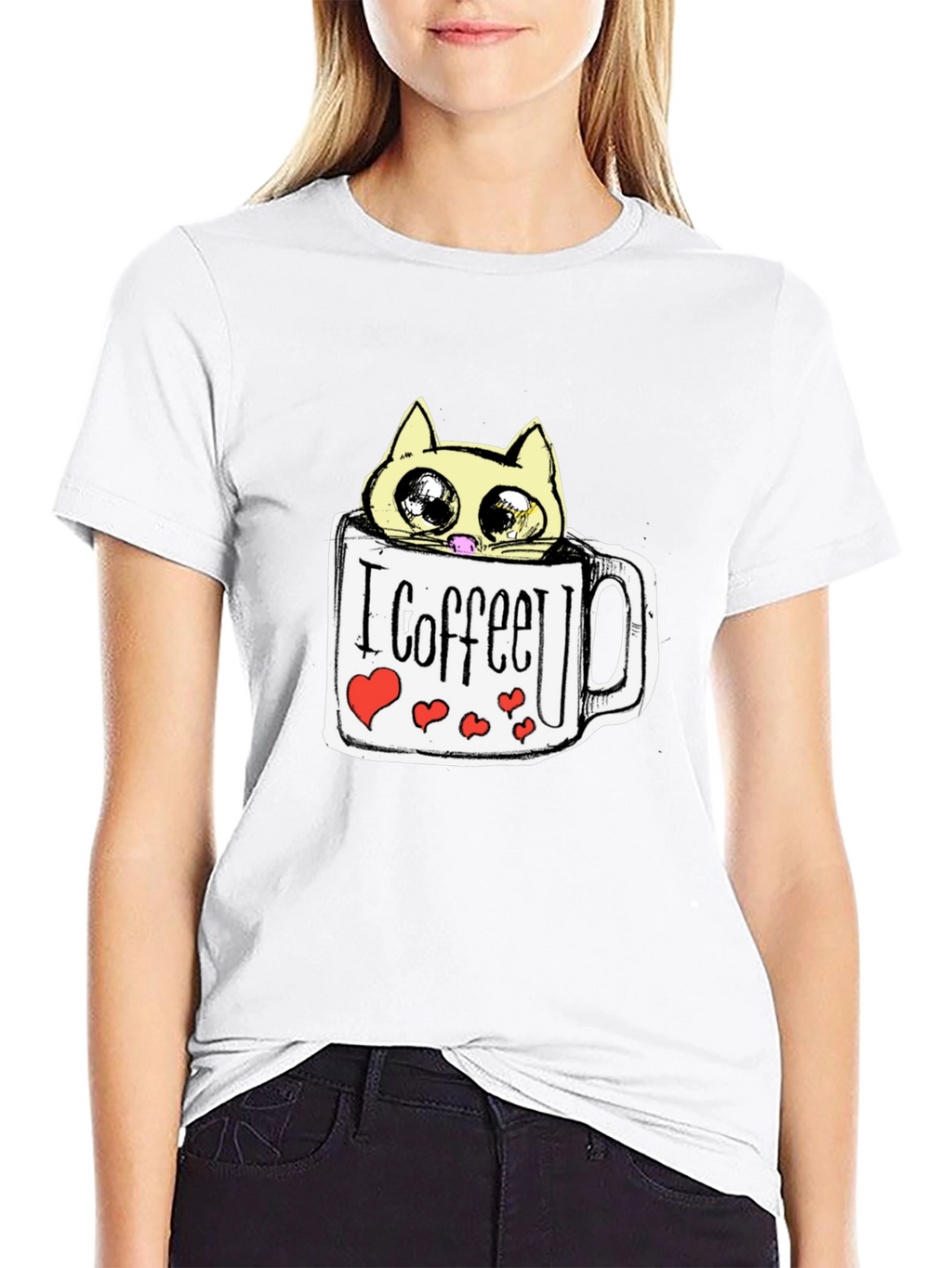 Cute Cat in Coffee Mug Graphic Tee - Black