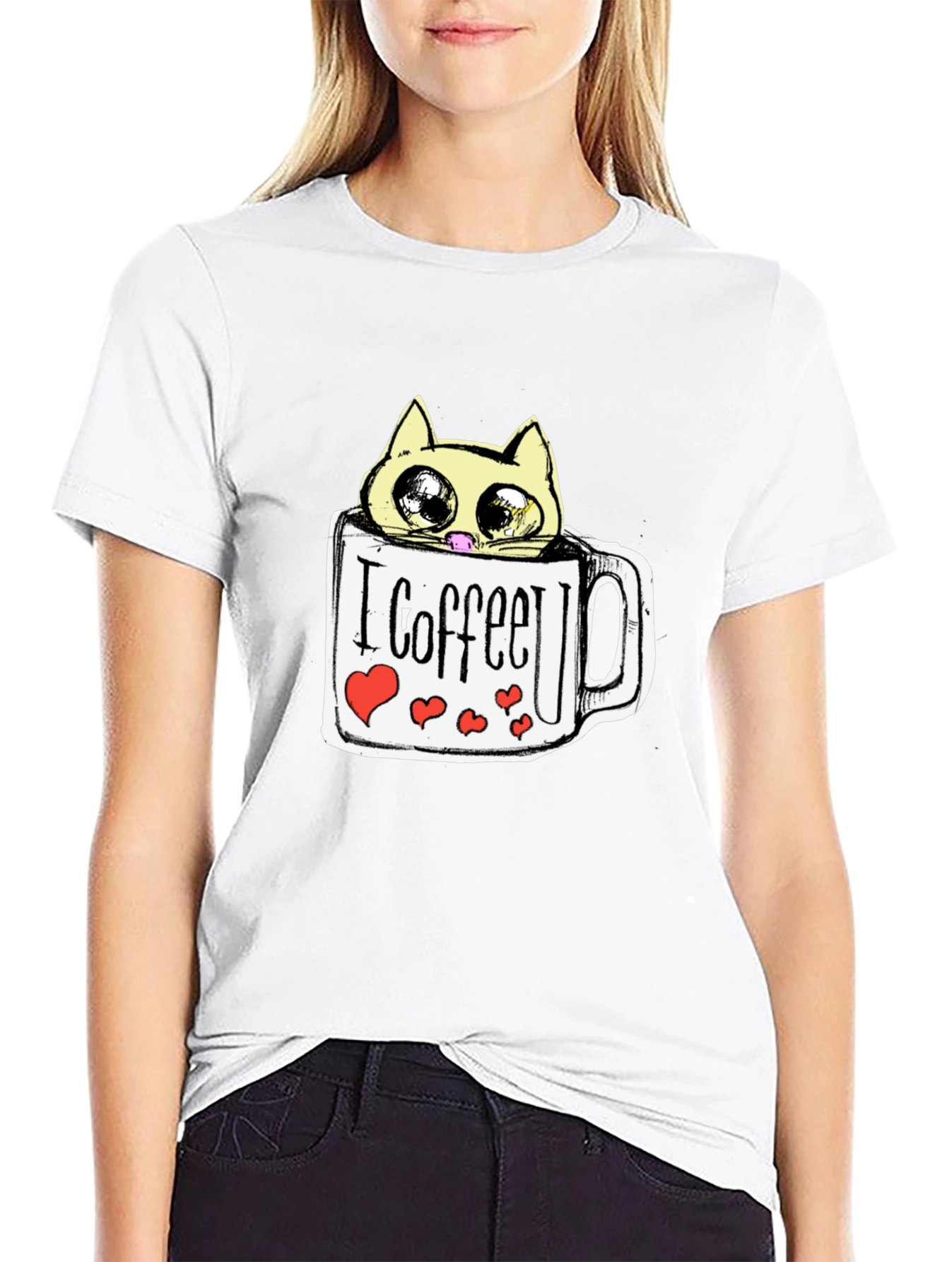 Cute Cat in Coffee Mug Graphic Tee - Black