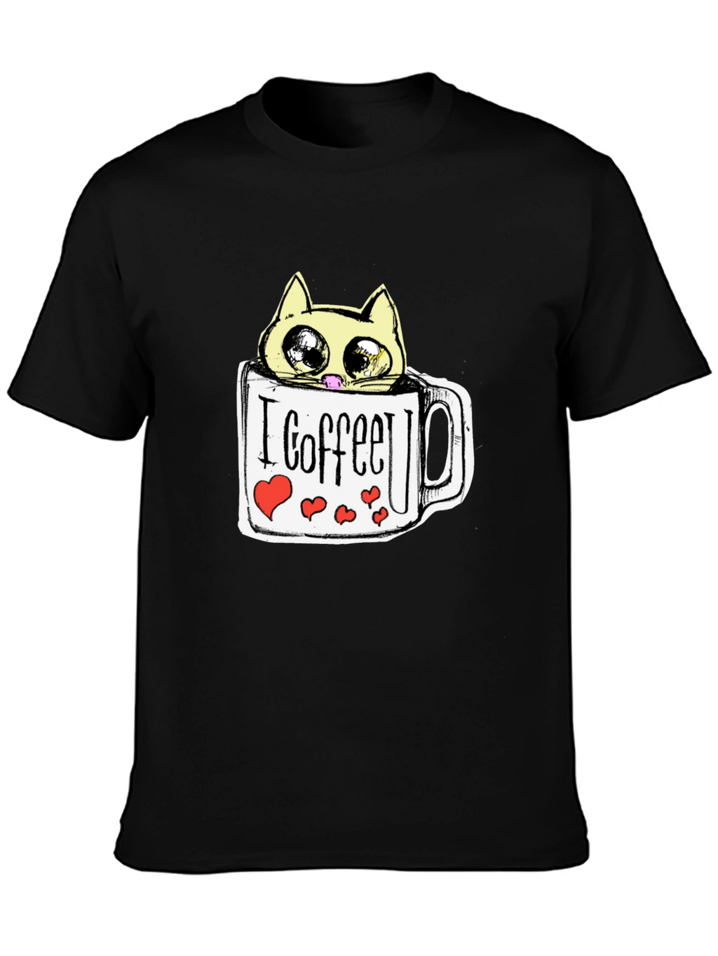 Cute Cat in Coffee Mug Graphic Tee - Black