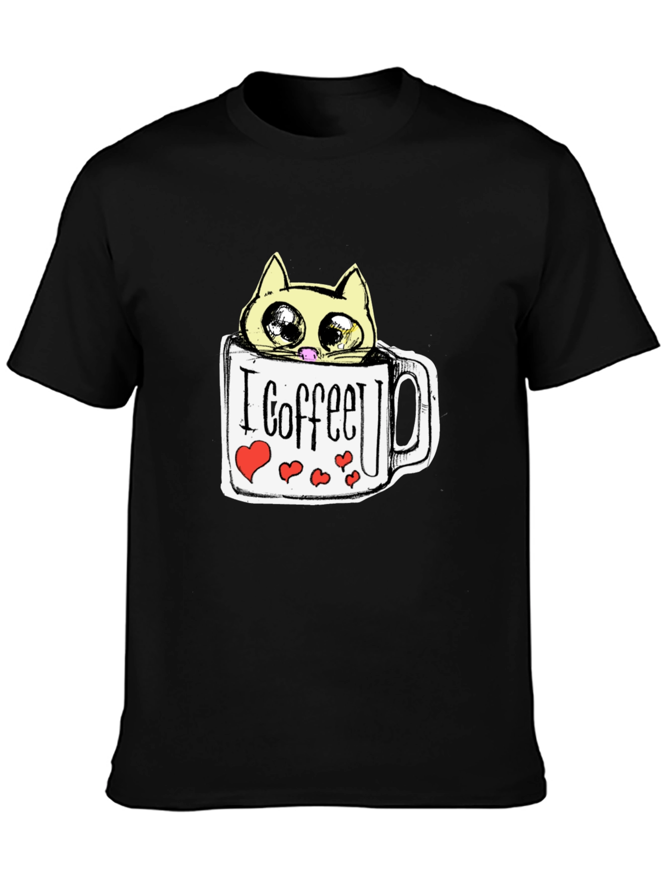 Cute Cat in Coffee Mug Graphic Tee - Black