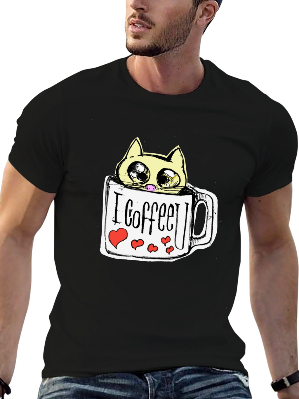 Cute Cat in Coffee Mug Graphic Tee - Black