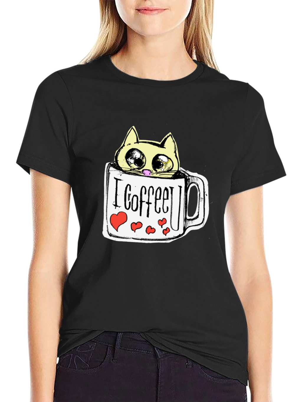 Cute Cat in Coffee Mug Graphic Tee - Black