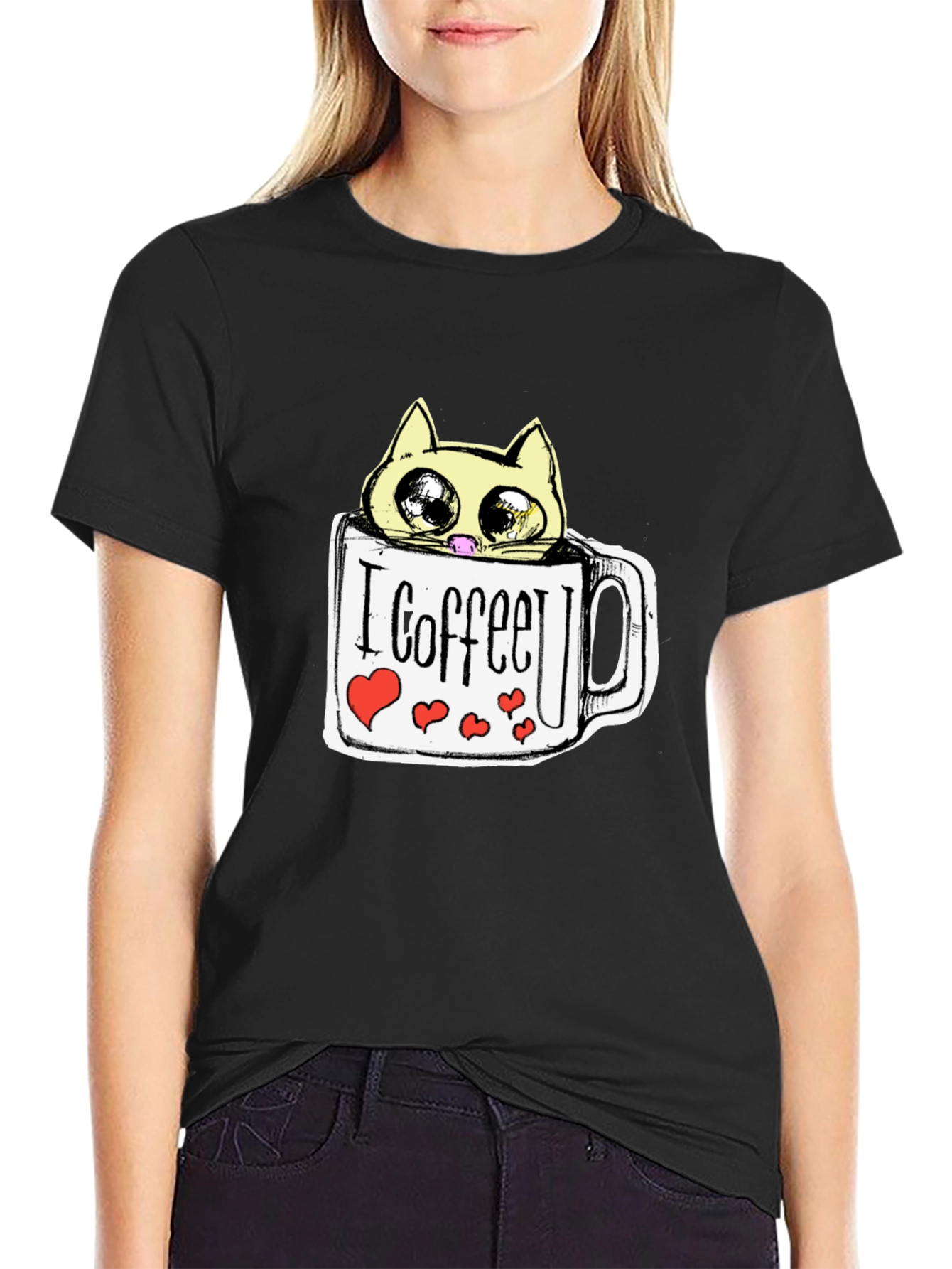 Cute Cat in Coffee Mug Graphic Tee - Black