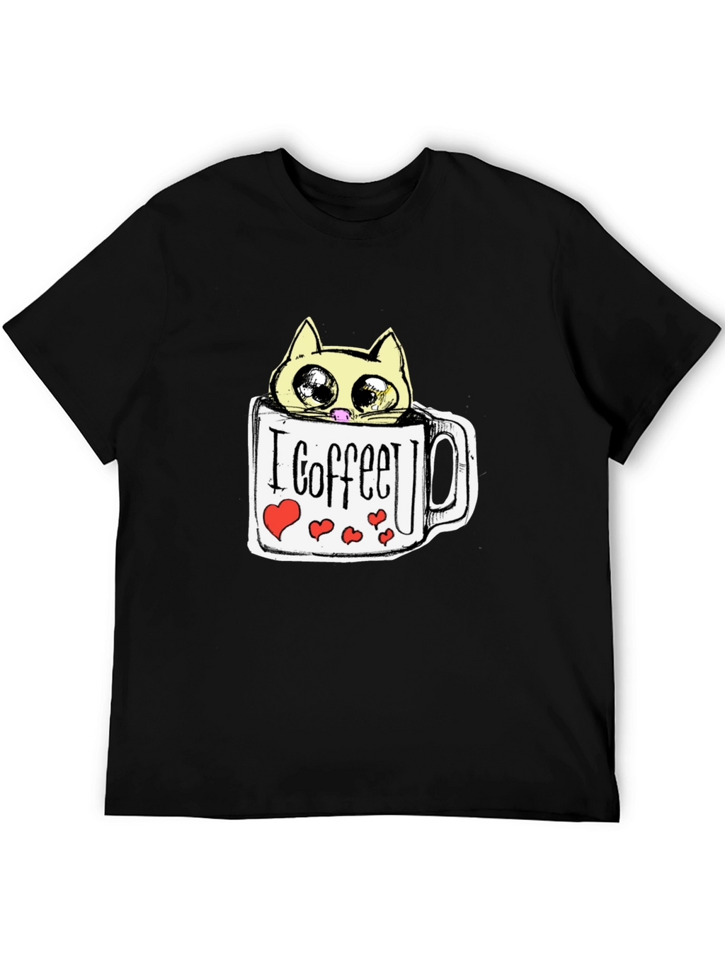 Cute Cat in Coffee Mug Graphic Tee - Black