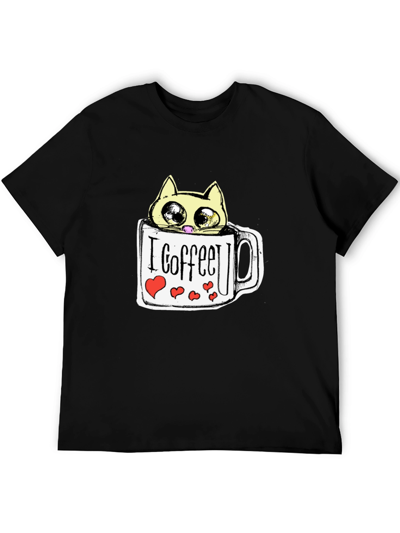 Cute Cat in Coffee Mug Graphic Tee - Black