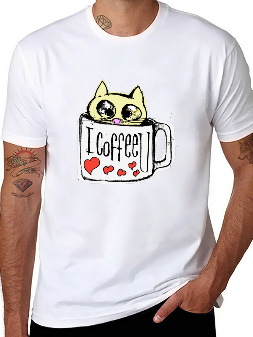 Cute Cat in Coffee Mug Graphic Tee - Black