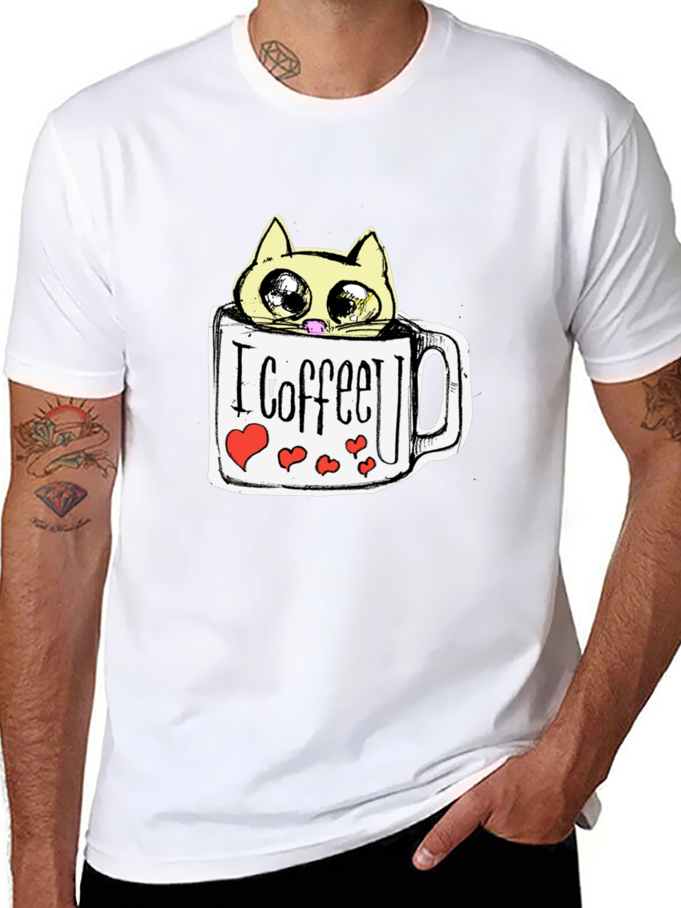 Cute Cat in Coffee Mug Graphic Tee - Black