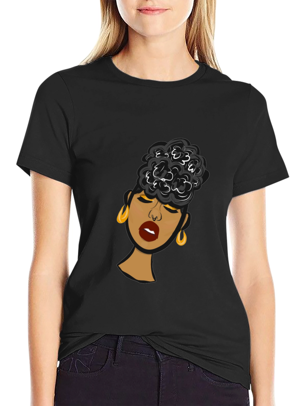 Black Woman Graphic Tee - Stylish Afro Puff Design