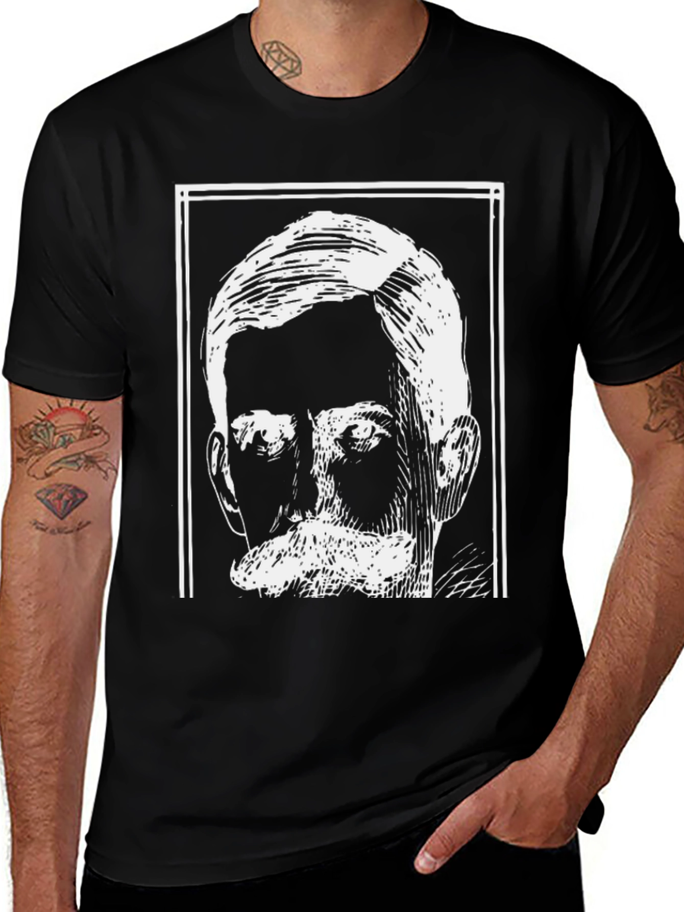 Black Graphic Tee - Vintage Man Portrait Design