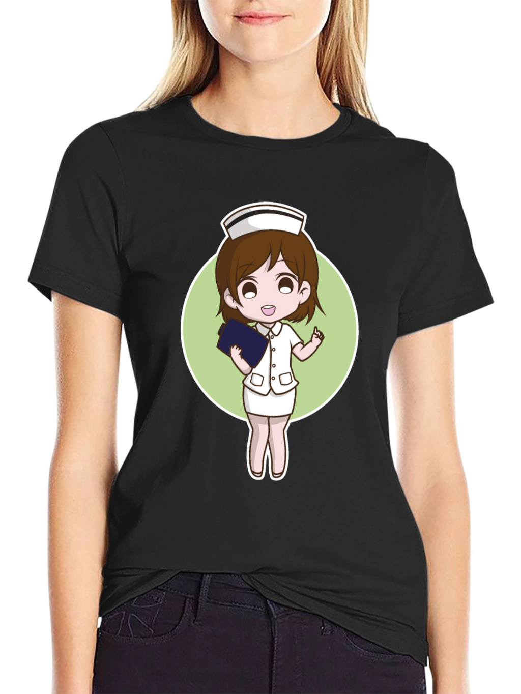 Cartoon Nurse Graphic Tee - Black