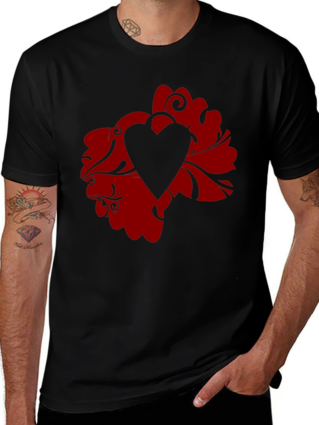 Floral Heart Graphic Tee - Stylish Mens Black T-Shirt