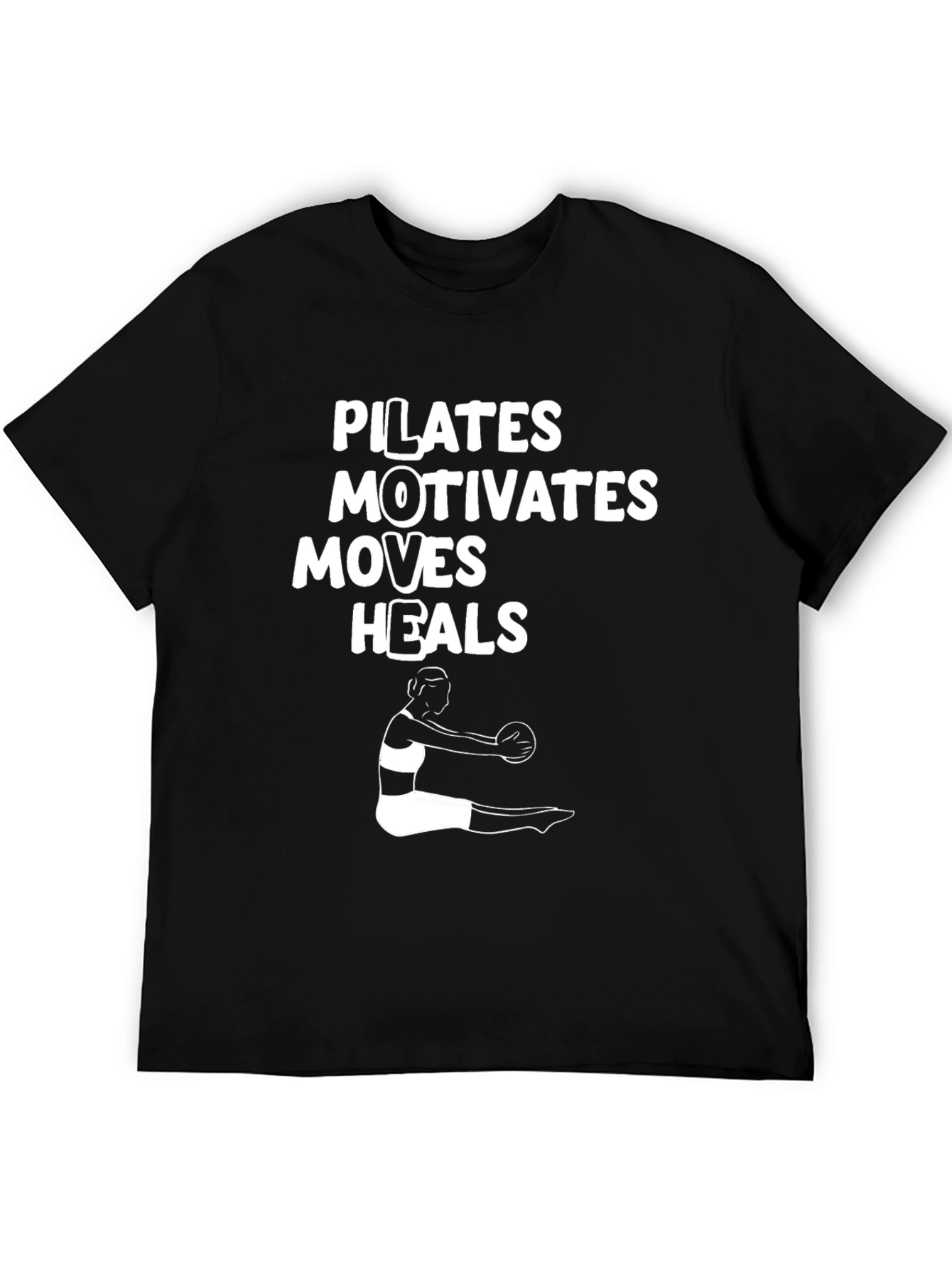 Pilates Motivates Moves Heals Black T-Shirt