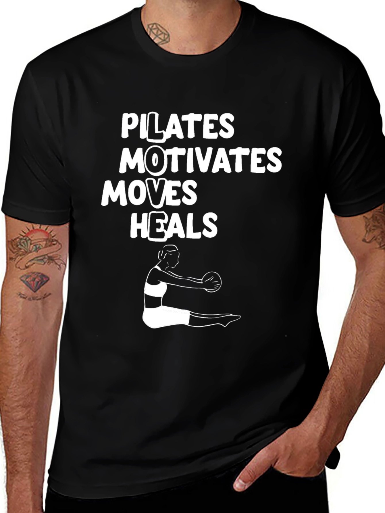 Pilates Motivates Moves Heals Black T-Shirt