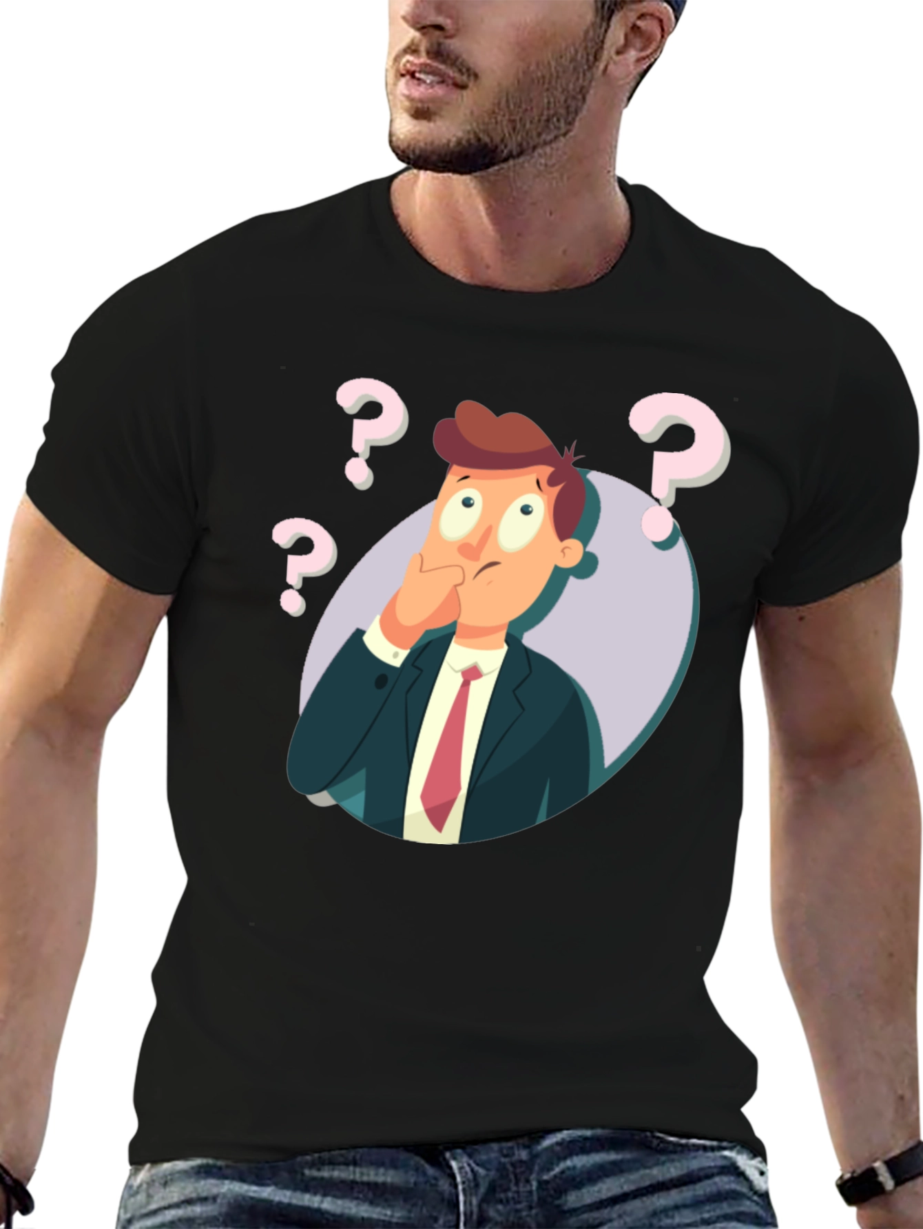 Pensive Cartoon Man Graphic T-Shirt - Black