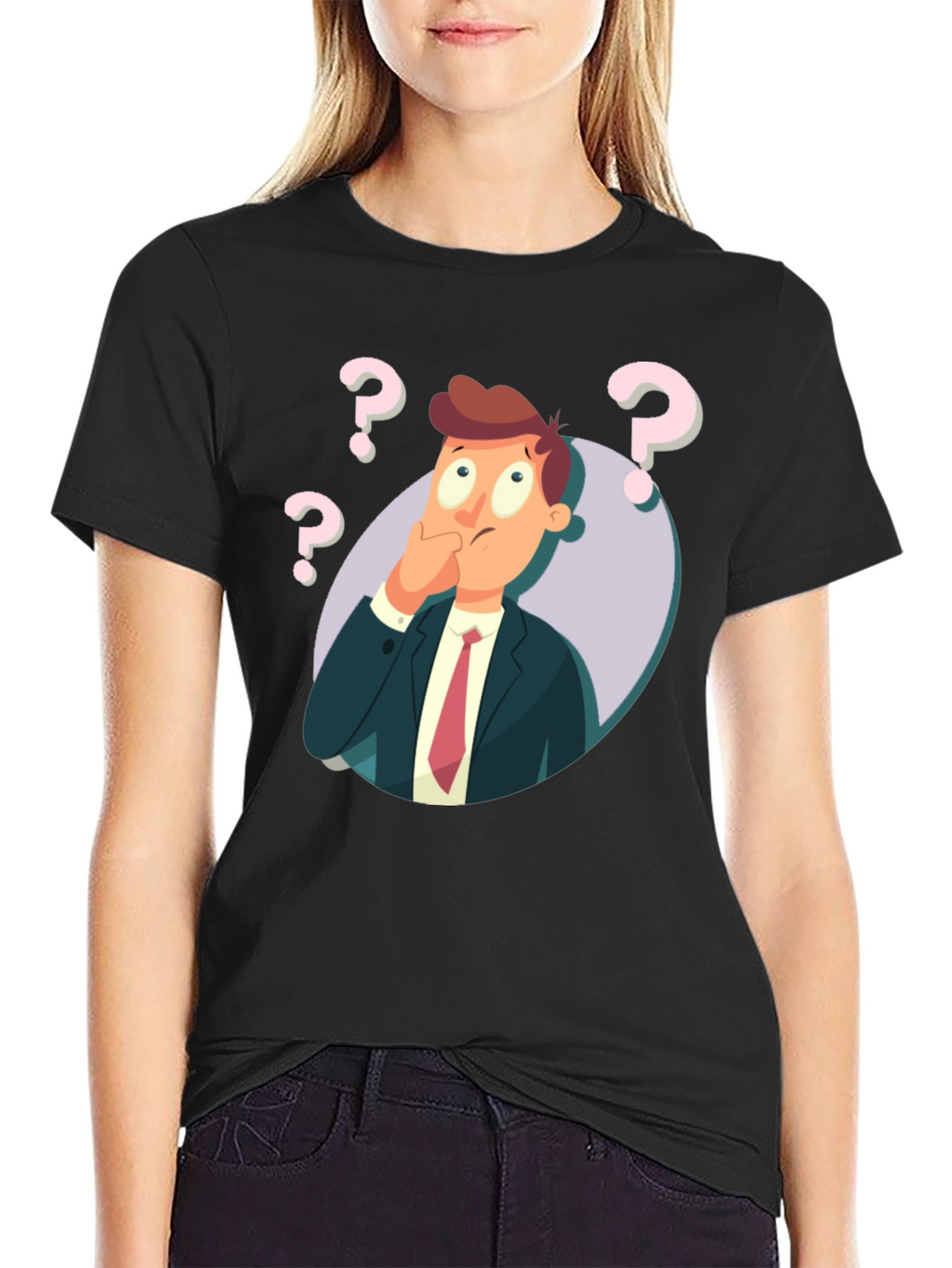 Pensive Cartoon Man Graphic T-Shirt - Black