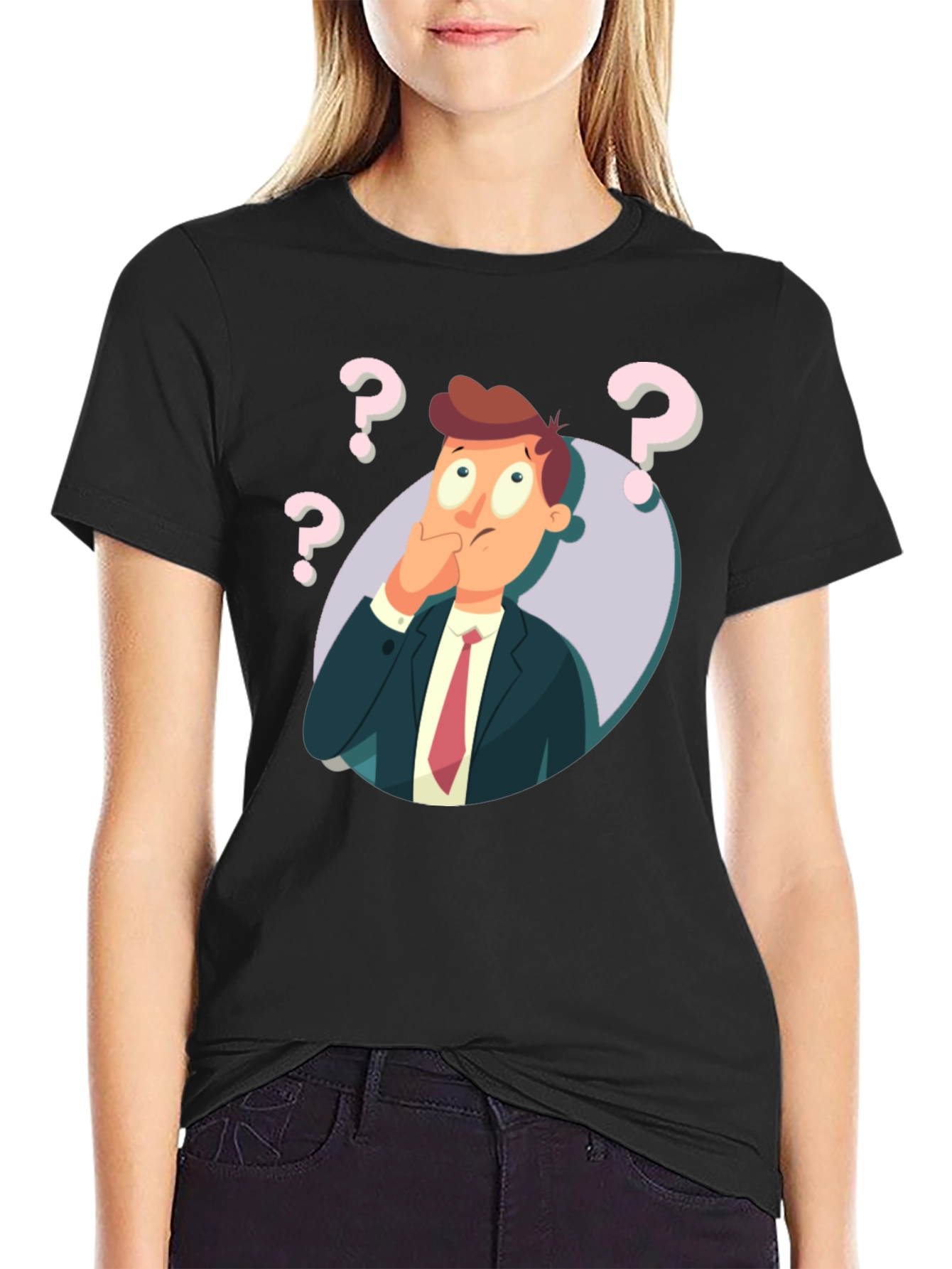 Pensive Cartoon Man Graphic T-Shirt - Black