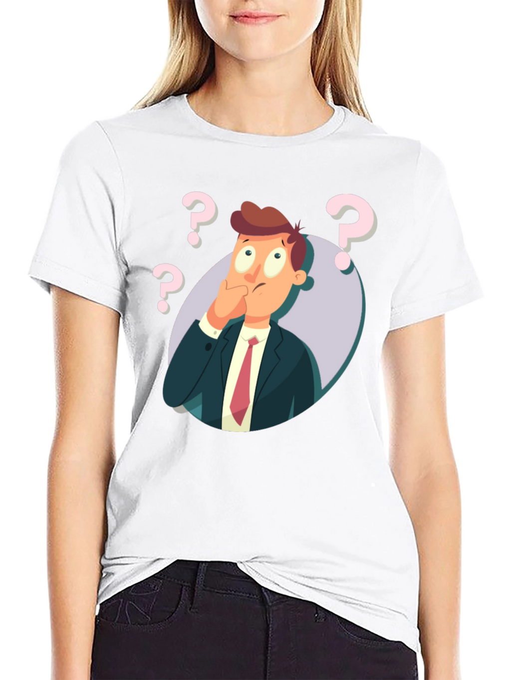 Pensive Cartoon Man Graphic T-Shirt - Black
