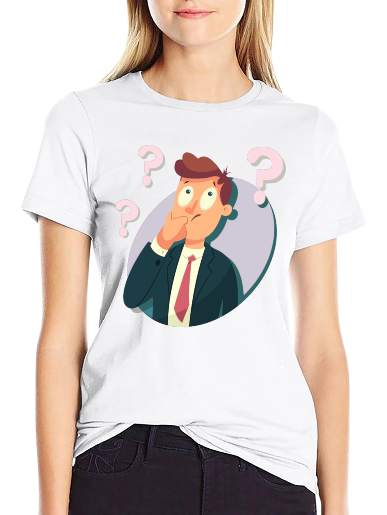 Pensive Cartoon Man Graphic T-Shirt - Black