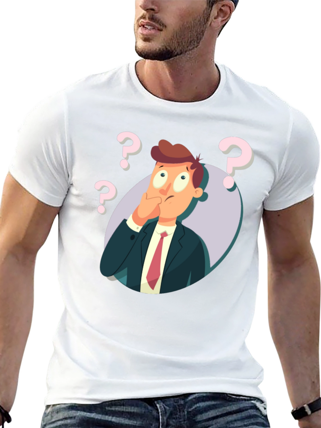 Pensive Cartoon Man Graphic T-Shirt - Black