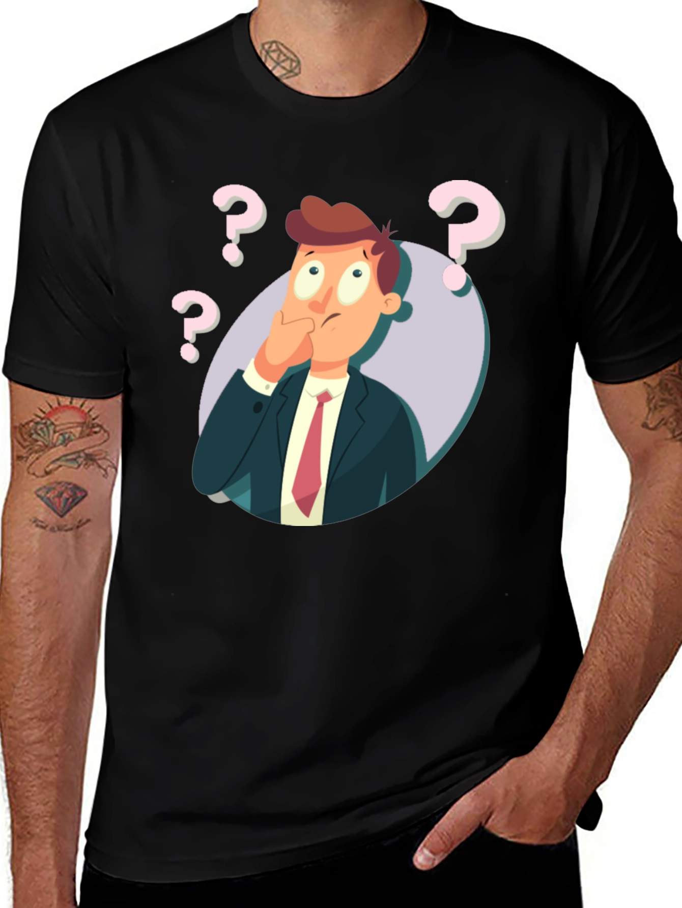 Pensive Cartoon Man Graphic T-Shirt - Black