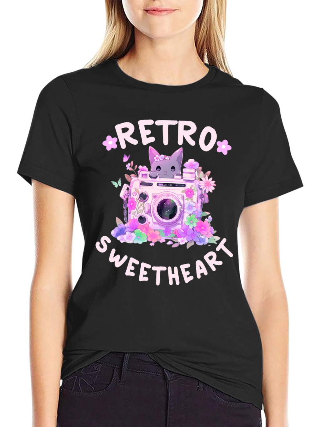 Retro Sweetheart Graphic Tee - Camera & Cat Design