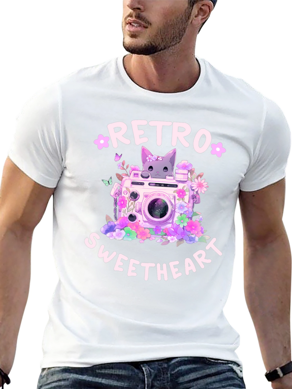 Retro Sweetheart Graphic Tee - Camera & Cat Design