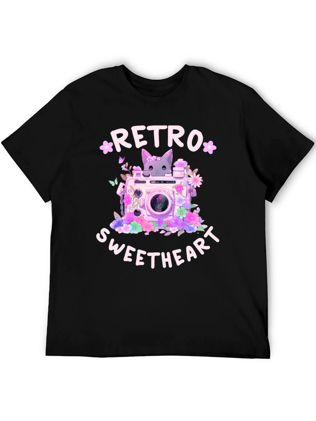 Retro Sweetheart Graphic Tee - Camera & Cat Design