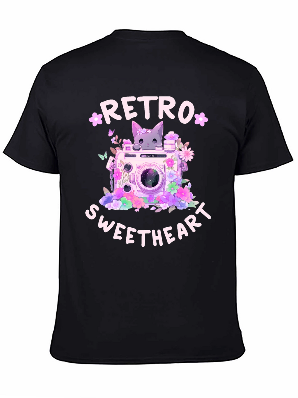 Retro Sweetheart Graphic Tee - Camera & Cat Design