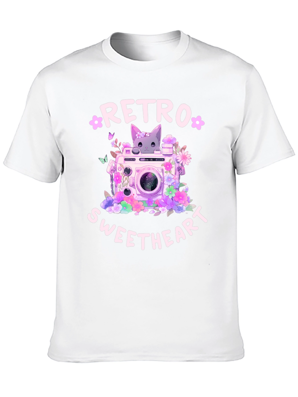 Retro Sweetheart Graphic Tee - Camera & Cat Design