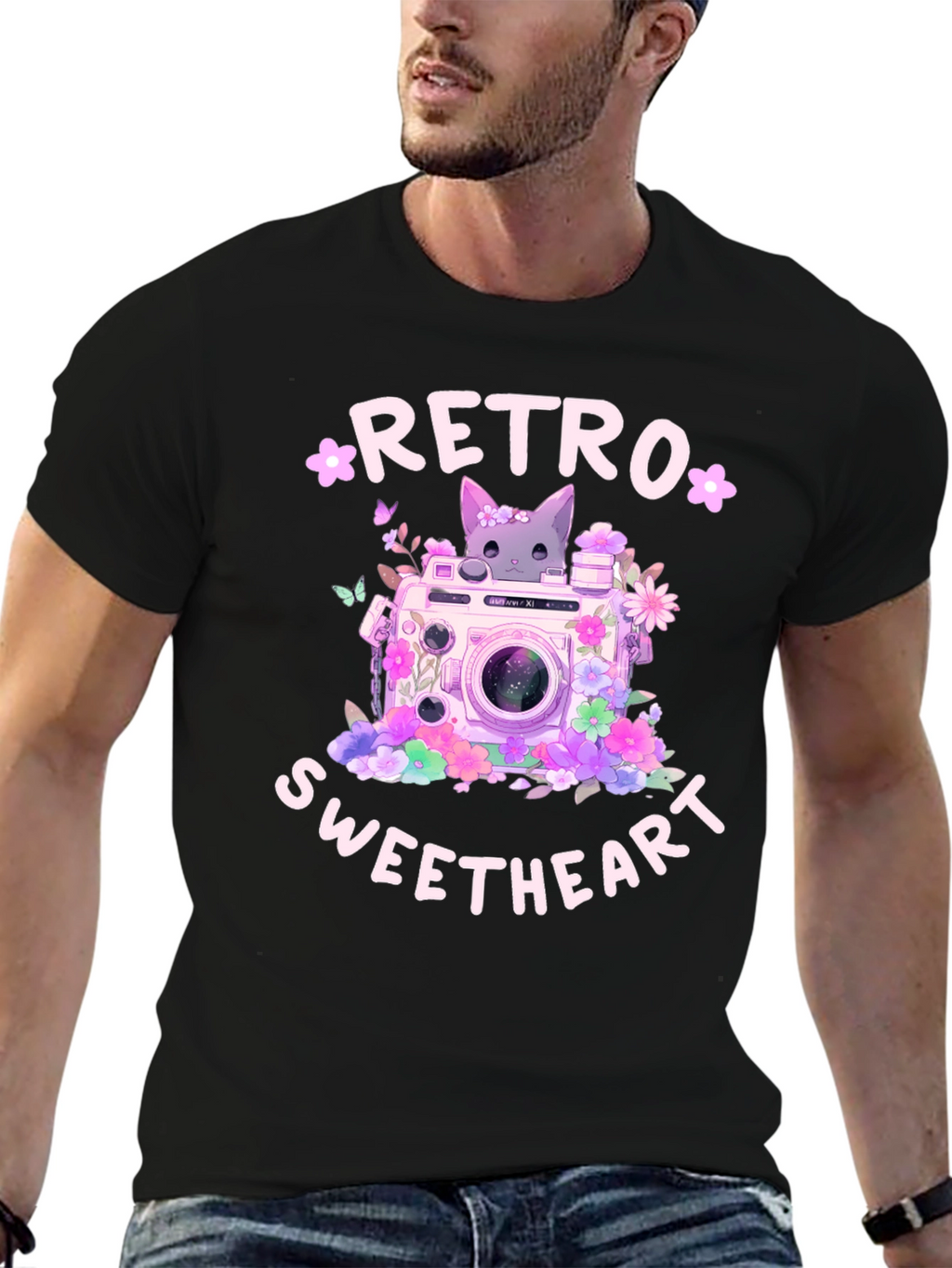 Retro Sweetheart Graphic Tee - Camera & Cat Design