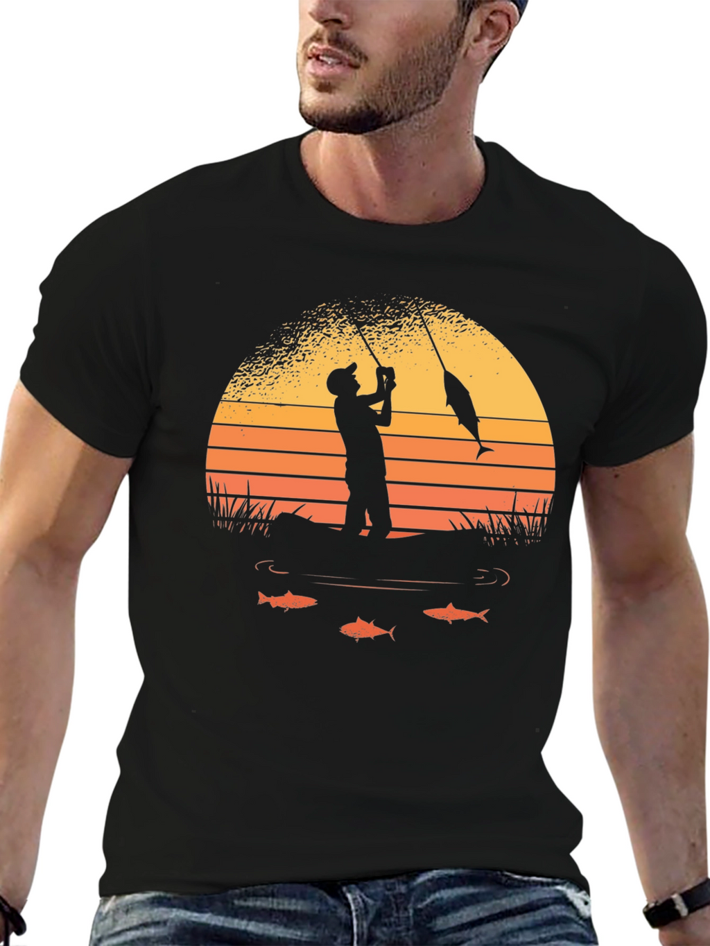 Fishing Sunset Graphic Tee - Black