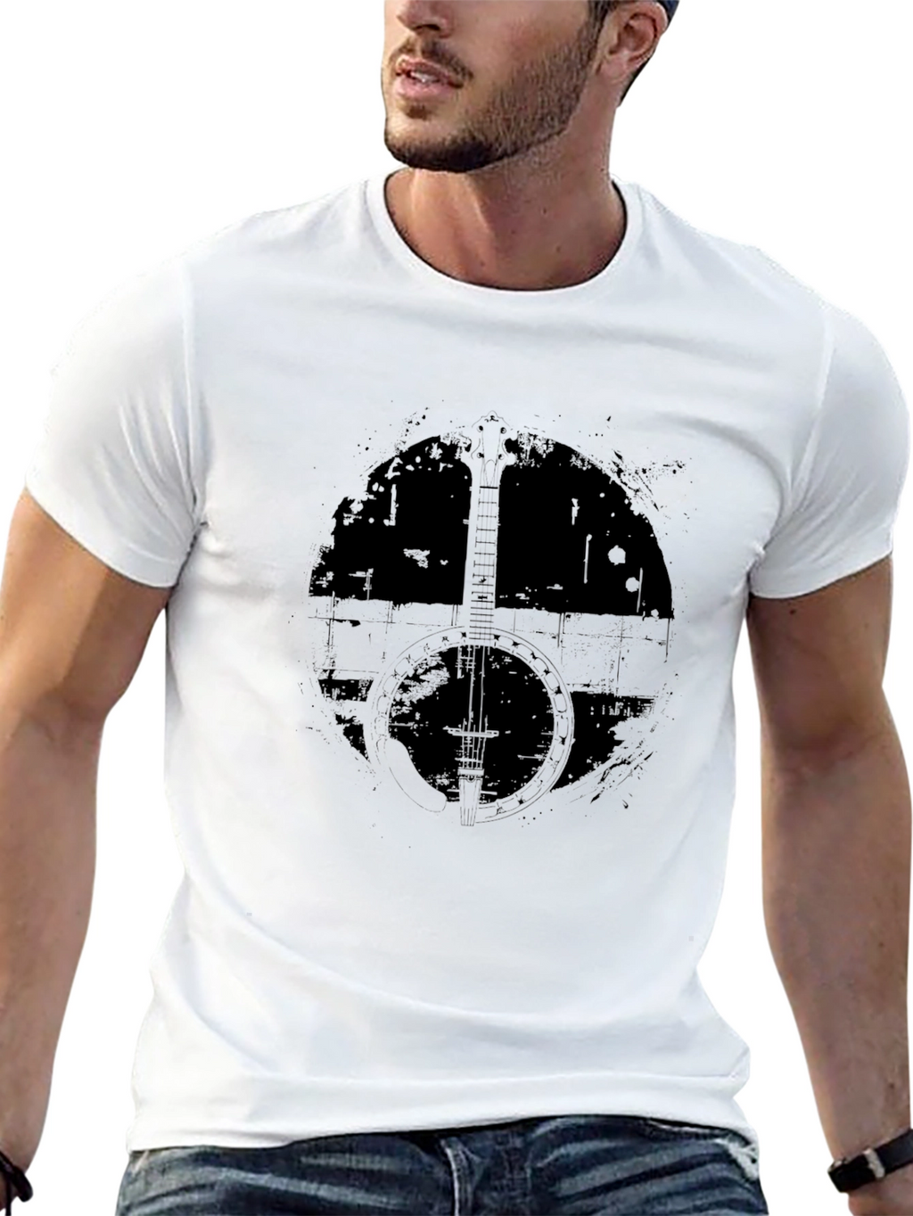 Distressed Banjo Graphic T-Shirt - Black