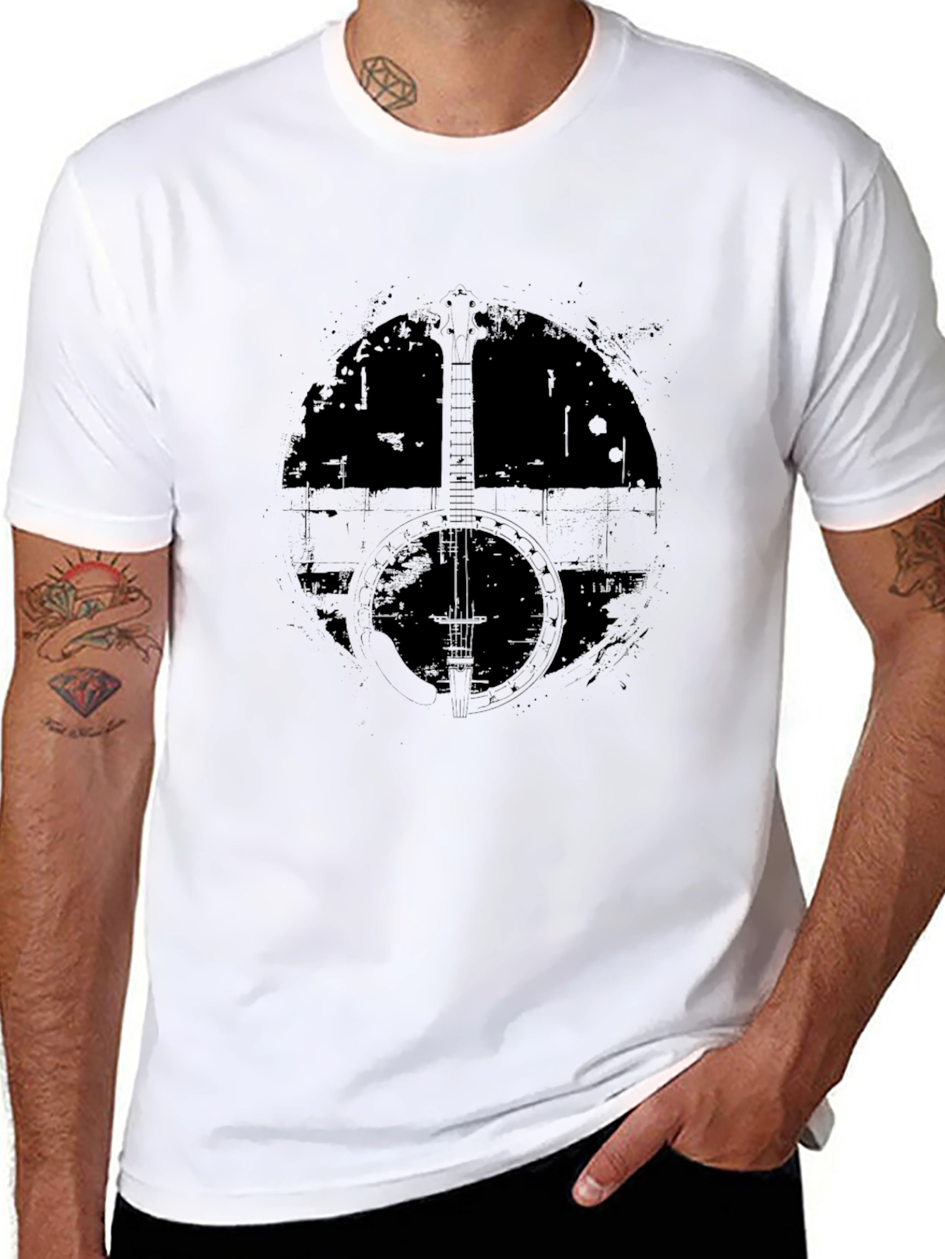 Distressed Banjo Graphic T-Shirt - Black