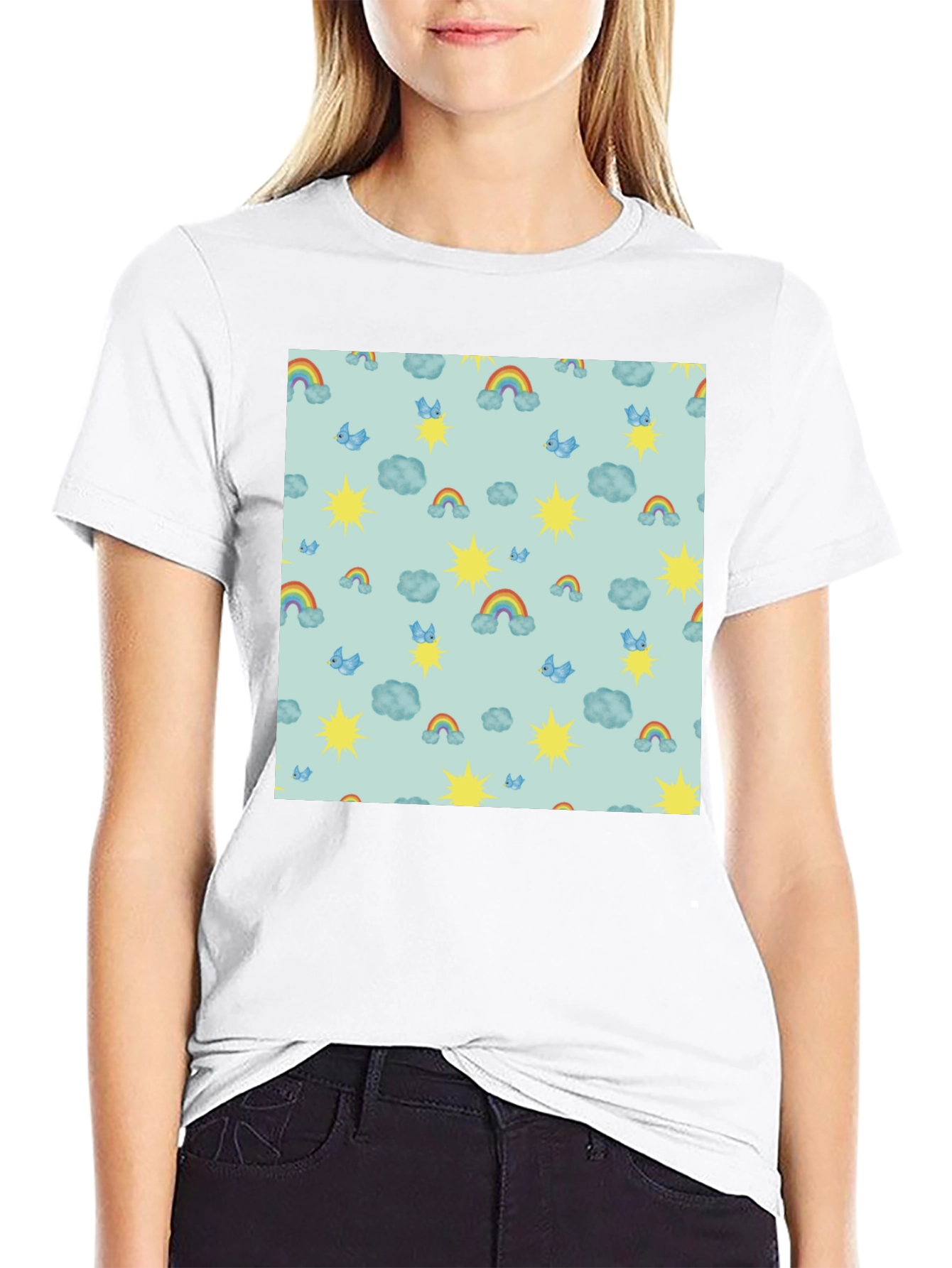 Whimsical Weather Tee: Rainbows Suns & Clouds!